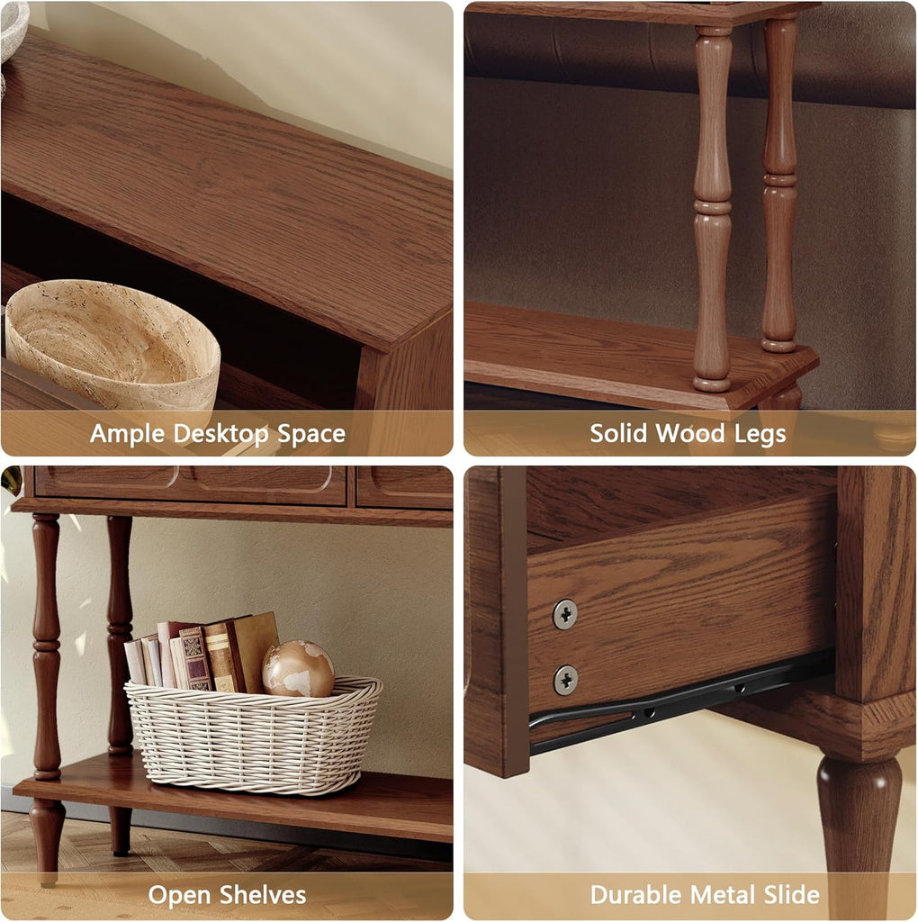Console Table with Drawers , Mid-Century Entryway Table with Storage, Brown Narrow Entryway Table with Open Shelf