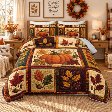 Fall Pumpkin Patchwork Quilt Set for Adults with 2 Pillowcases.