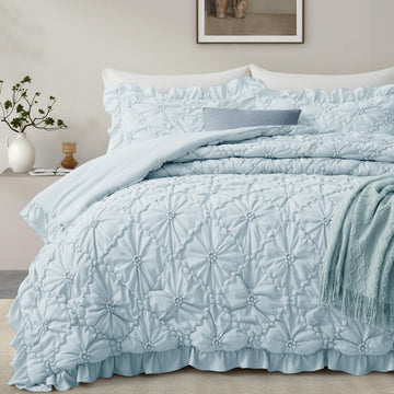 Comforter Set, Cornflower Blue Pinch Pleat Ruffle, 3 Pieces