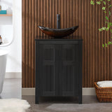 24-Inch Modern Bathroom Vanity with Vessel Sink – Fluted Double-Door Cabinet with Tempered Glass Basin, Black