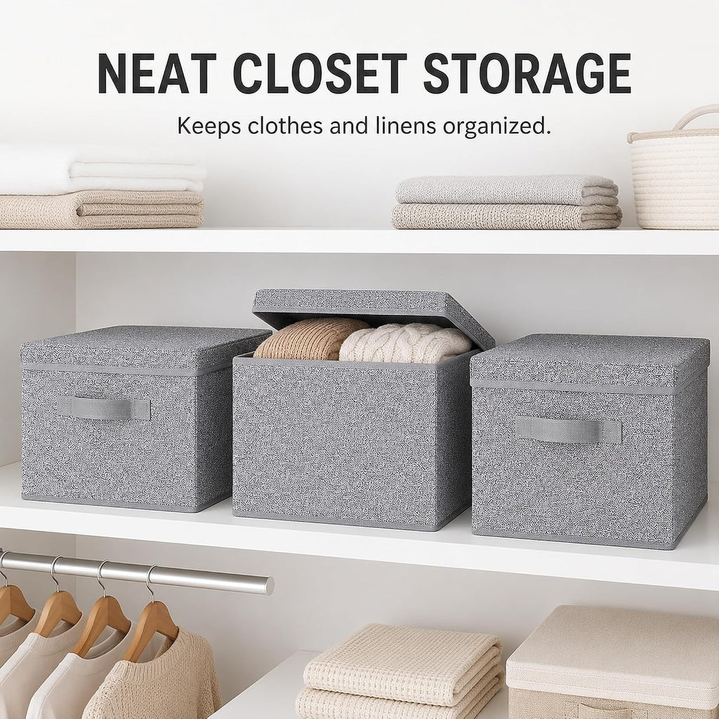 Foldable Storage Bins with Lids, Storage Boxes with Handles, Closet Shelf Organizer, Fabric Storage Baskets