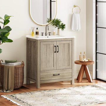 30'' Bathroom Vanity with Single Sink Combo, Freestanding Bathroom Vanities with Ceramic Sink & Door Shelf, Farmhouse Storage Cabinet with 2 Soft Closing Door & Drawer