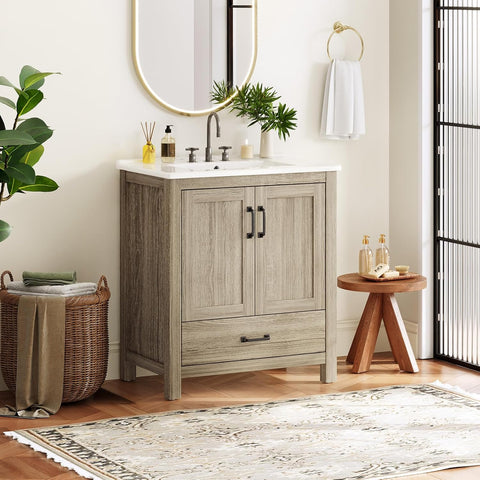 30'' Bathroom Vanity with Single Sink Combo, Freestanding Bathroom Vanities with Ceramic Sink & Door Shelf, Farmhouse Storage Cabinet with 2 Soft Closing Door & Drawer A133-B0FC2QQRFF