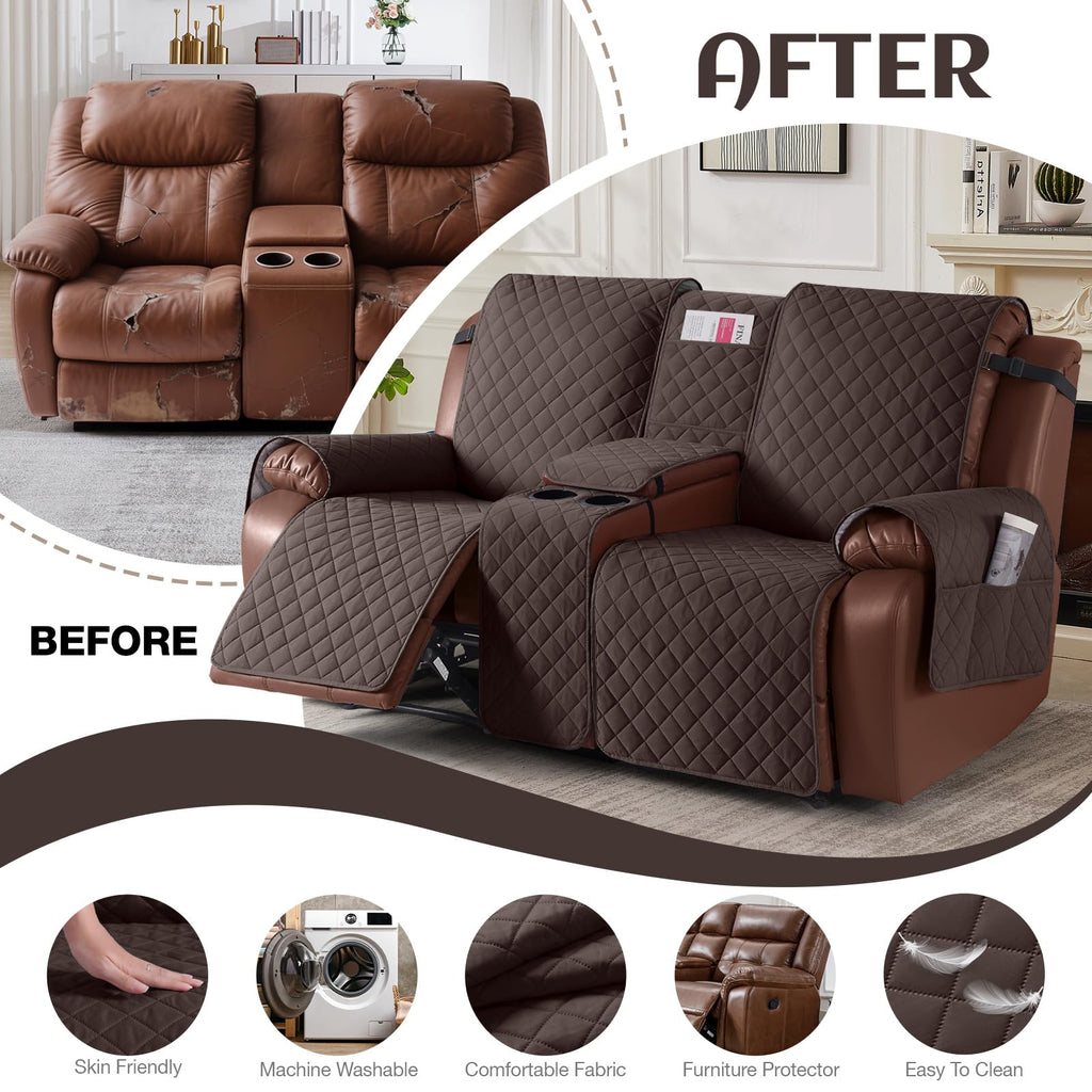 100% Waterproof Loveseat Recliner Cover with Console, Chocolate