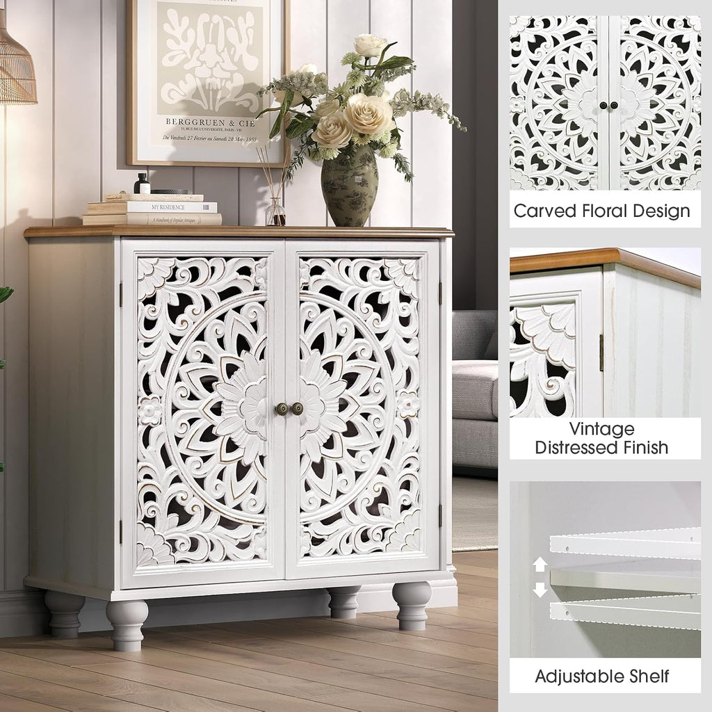 31" Accent Storage Cabinet with Carved Doors,Mandala White | Carved Floral Design, Solid Wood Legs, Boho/Farmhouse