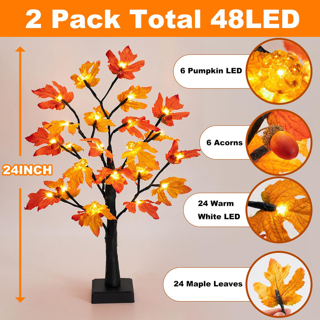 Fall Decor 2 Pack 24 Inch Maple Tree Lights - 48 LED Autumn Decorations with Pumpkins & Acorns, Timer, USB & Battery