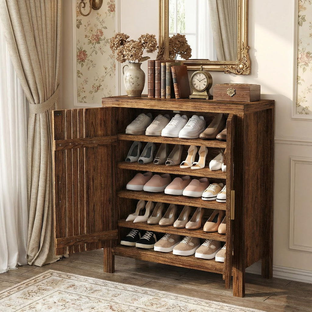 Shutter Doors 5-Tier Shoe Storage Cabinet with Adjustable Shelves, Wooden Entryway Cabinet Living Room, Freestanding