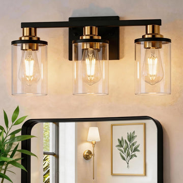 Bathroom Light Fixtures, 3-Light Black and Gold Bathroom Lights Over Mirror with Clear Glass Shade,Vanity Lights