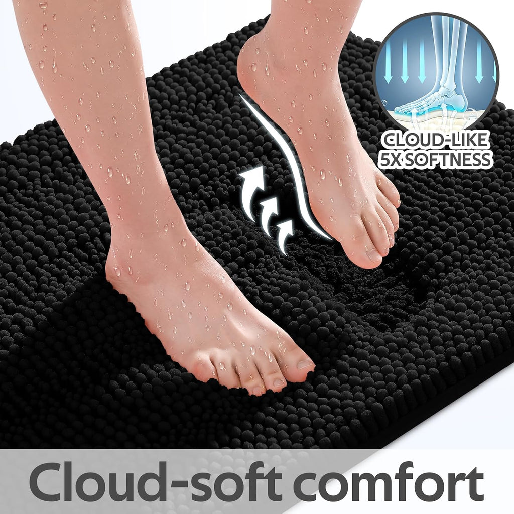 Striped Black Bathroom Rug Set 3 Pieces Ultra Soft, Non Slip Chenille Toilet Mat, Absorbent Plush Shaggy Bath Mats