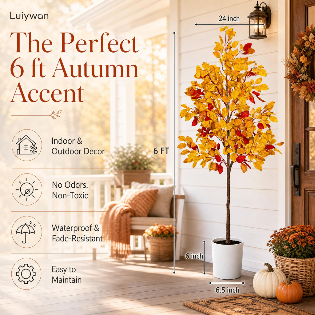 Artificial Ficus Tree, 6FT Fall Tree with Pot for Fall Room Decor