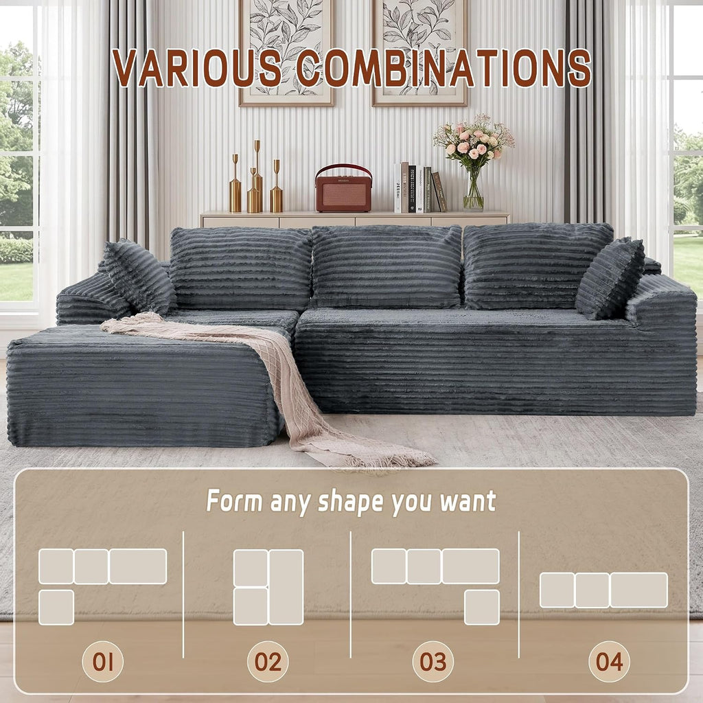 110" L-Shaped Modular Sectional Sofa with Chaise, Boneless Comfy Corduroy Fluffy Couch with Deep Seat and Side Pockets