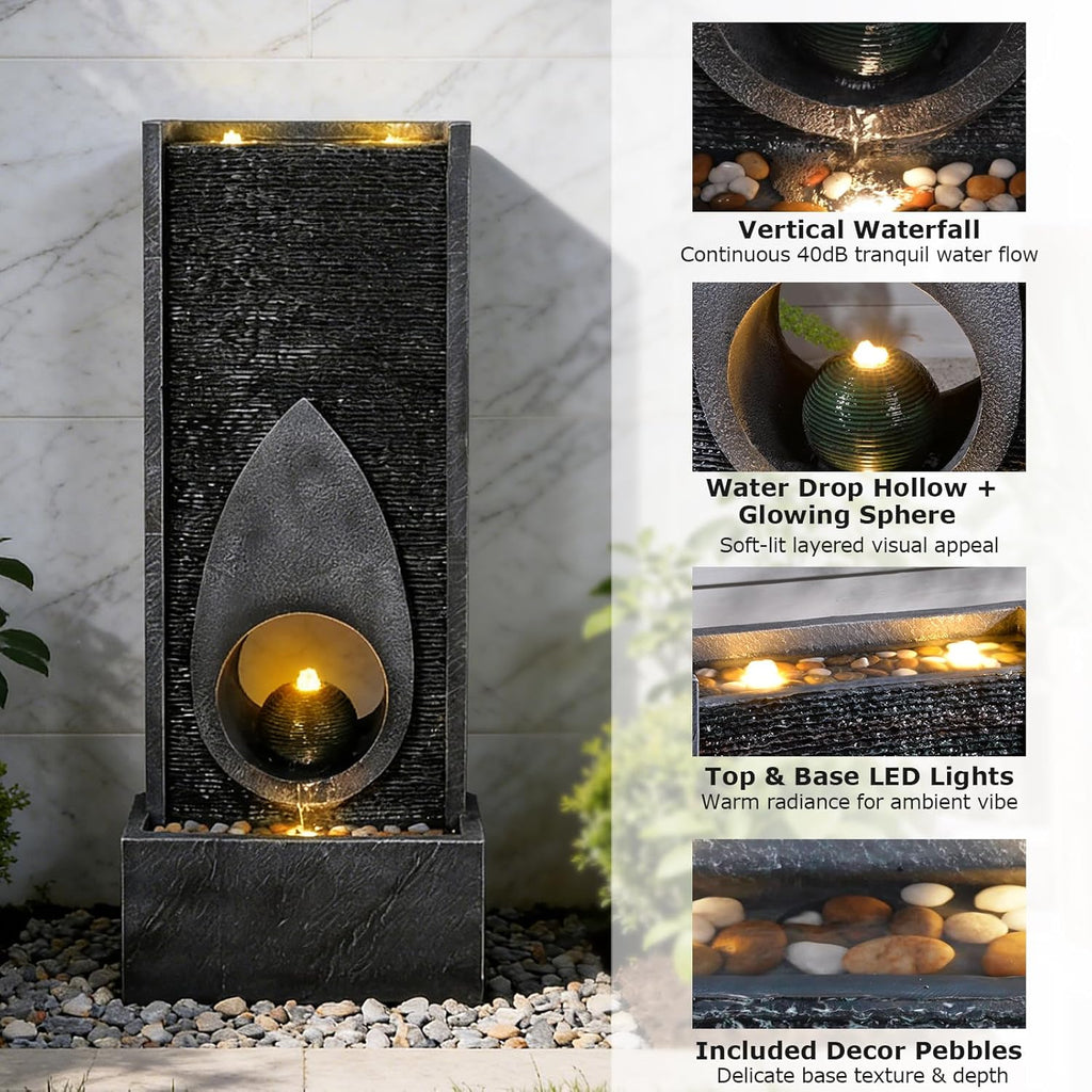 46.5’’Tall Modern Water Fountain Indoor Outdoor Waterfall Feature Floor Standing with Sphere and LED Lights