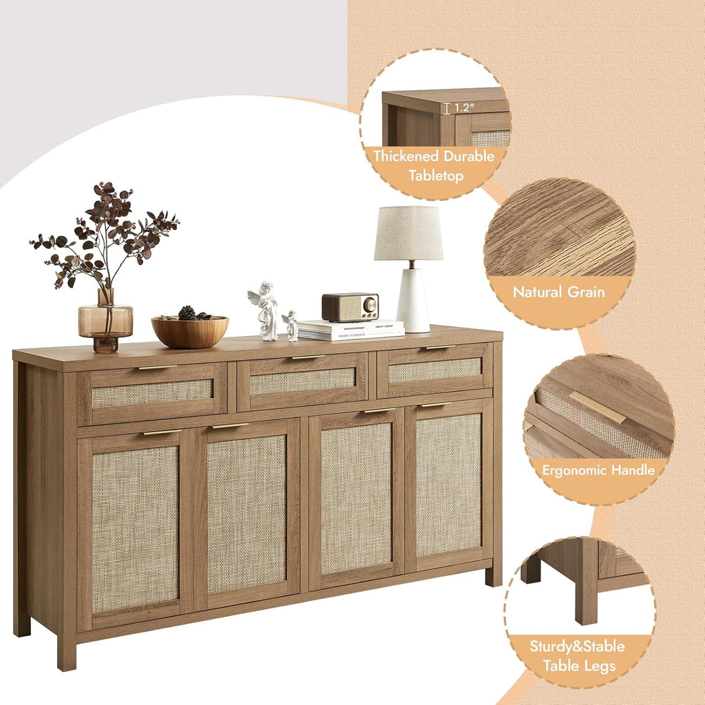 63" Rattan Sideboard Buffet Cabinet, Boho Storage Cabinet with Adjustable Shelves