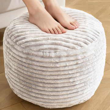 Round Pouf Ottoman, Corduroy Foot Rest, Beige, 20x15 in