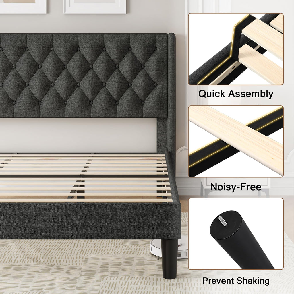King Size Platform Bed Frame with Upholstered Wingback Headboard, 12" Under Bed Space, Wooden & Metal Slats Support