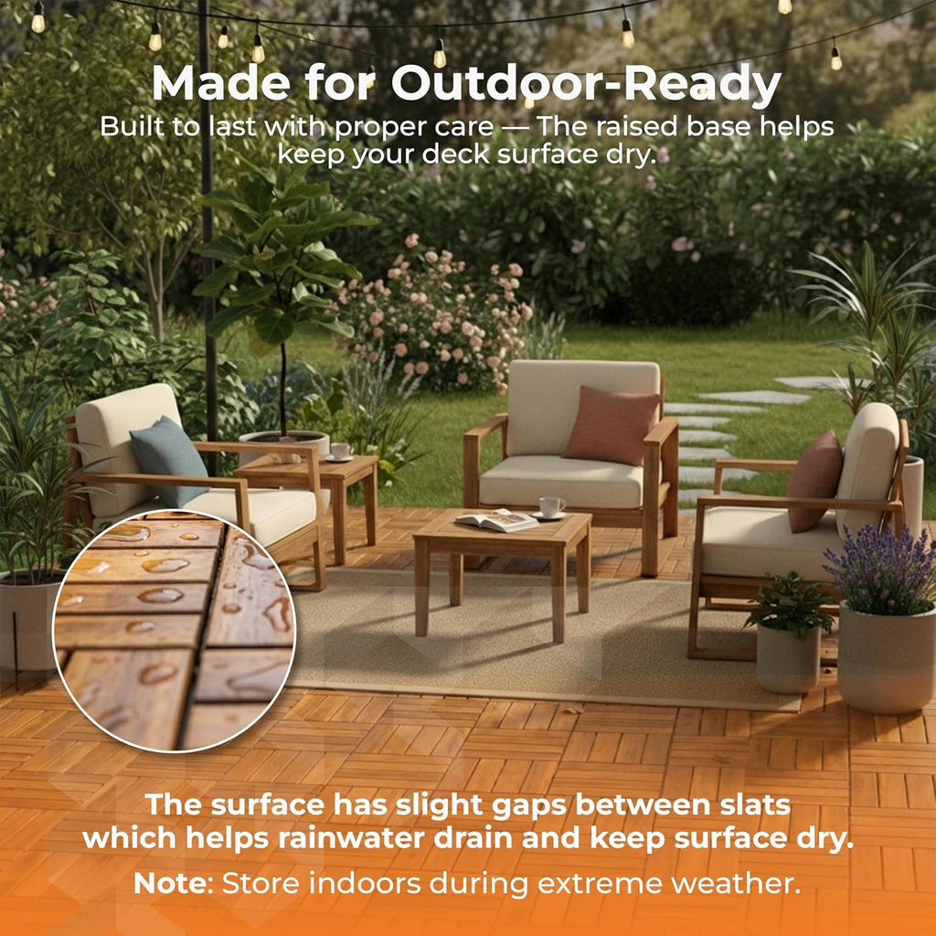Interlocking Slat Deck Tiles, Acacia Wood Interlocking Deck Tiles - Easy Installation for Patio Flooring & Walkways