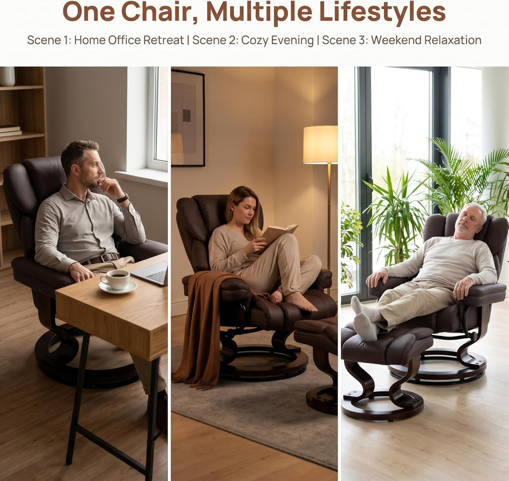 Modern Reclining Swivel Lounge Chair and Ottoman — Brown Leather