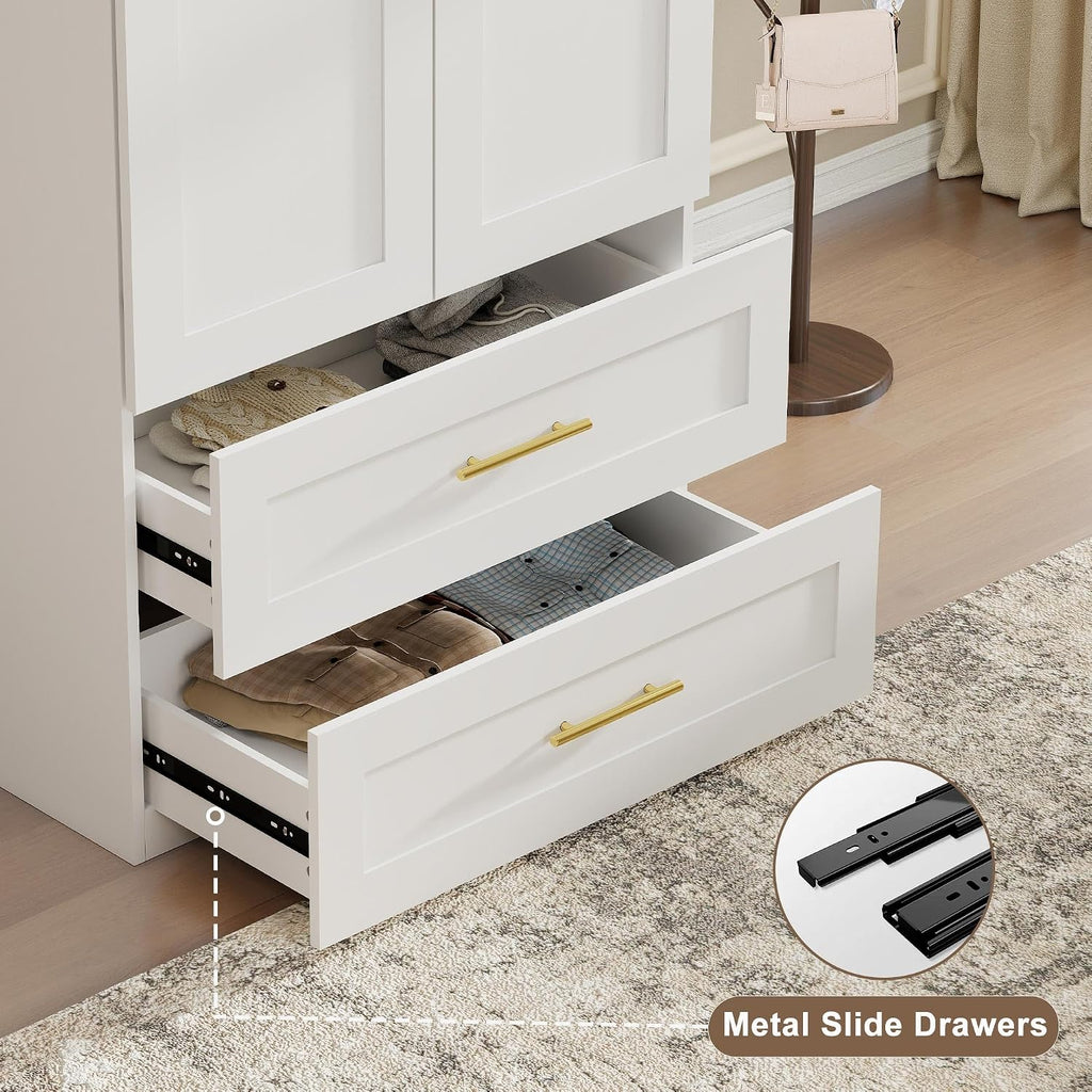 Armoire Wardrobe Closet with Drawers: 75" White Wardrobe Closet with 2 Doors and 2 Drawers, Wood Armoire Closets