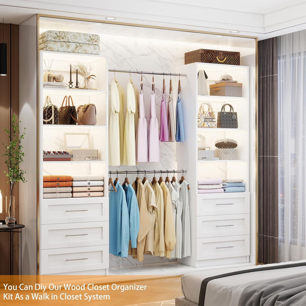 Closet System with 6 Drawers, 6FT-15FT Wooden Closet Organizer System with 8 Expandable Hanging Rods and Shelves