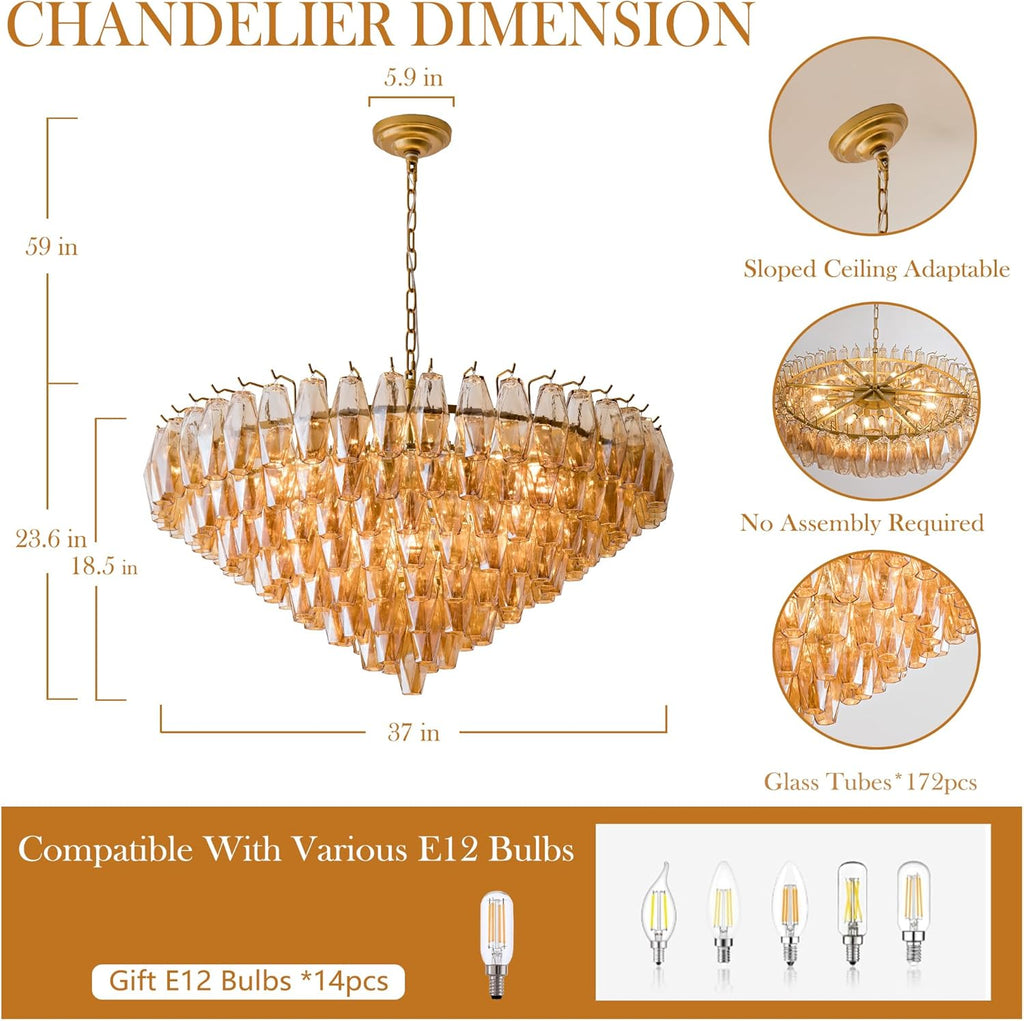 37" Extra Large Chandelier, 14-Light Gold Modern Round Chandelier for Living Room, Tiered Smoke Blown Glass Brass Chandeliers, Hanging Light Fixture for Bedroom, Dining Room, Foyer, Entryway