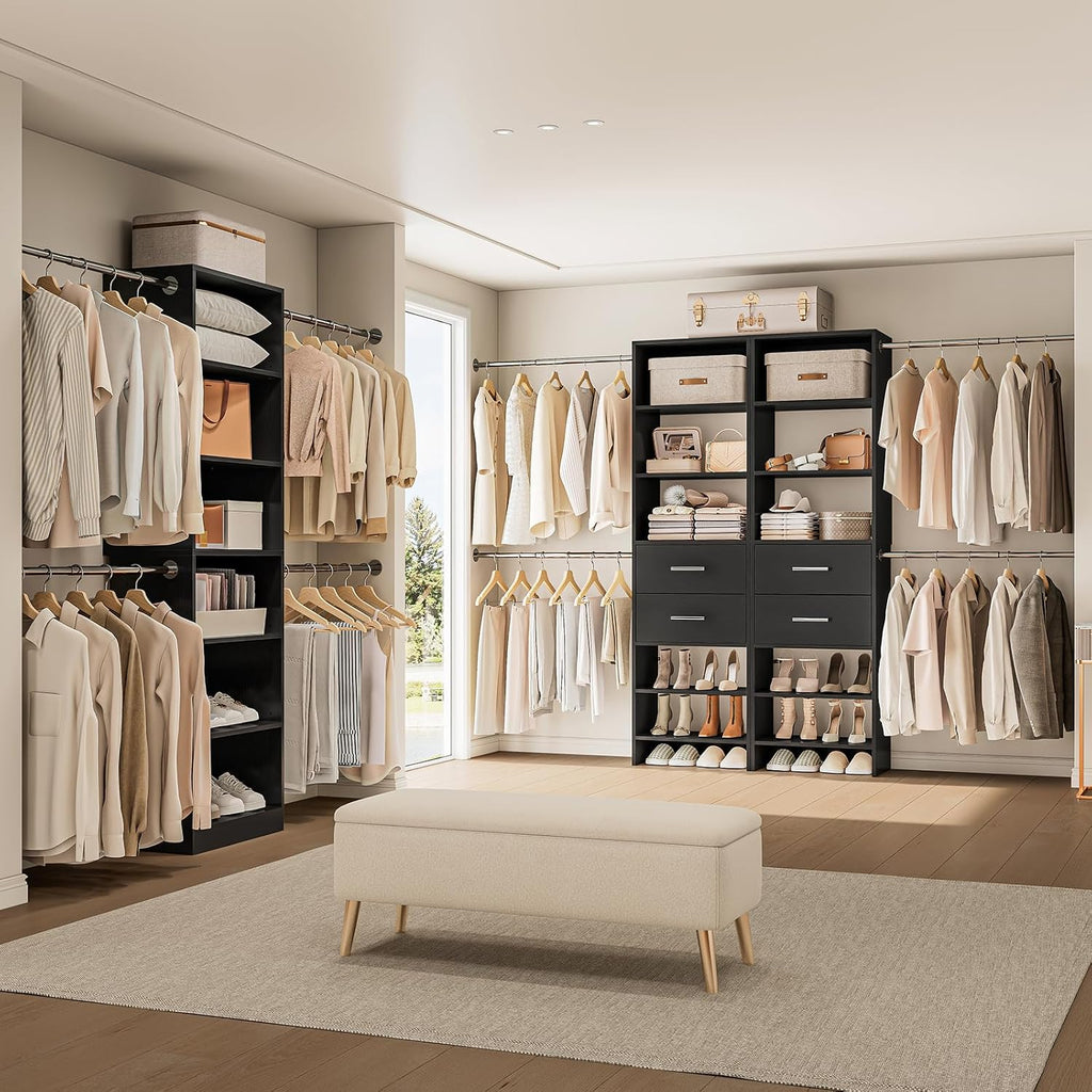 W2 Closet System with 2 Drawers, 3.5FT-7.7FT Closet Organizer System with 4 Chrome-Plated Telescopic Rods & 5