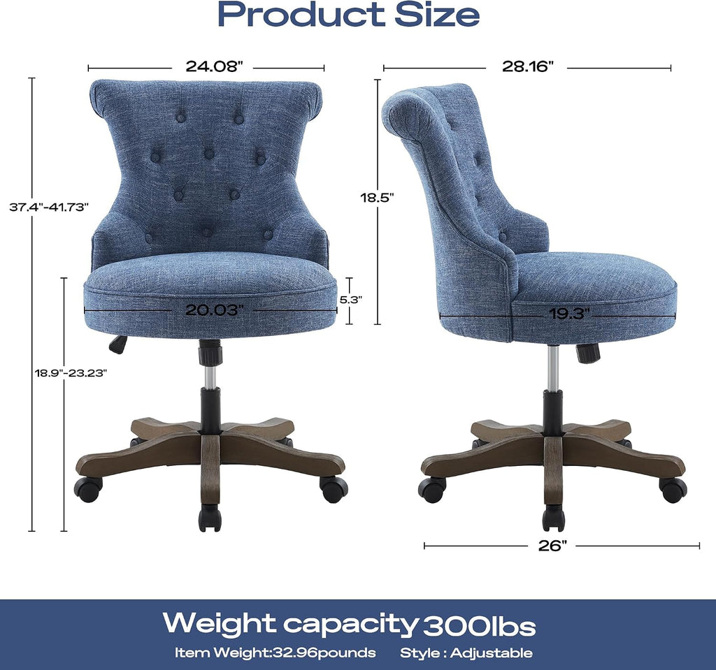 Home Upholstered Armless Desk Chair with Wheels Adjustable Height Computer Desk Chair with Wooden Legs Linen