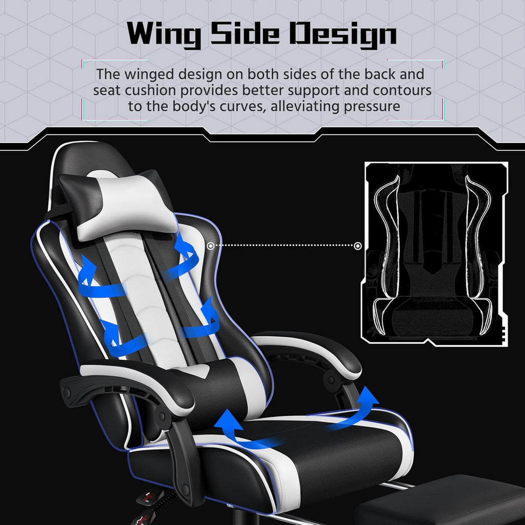 Gaming Chair with Footrest Massage Lumbar Pillow Black and White | Foam-padded PU leather racing seat and plush