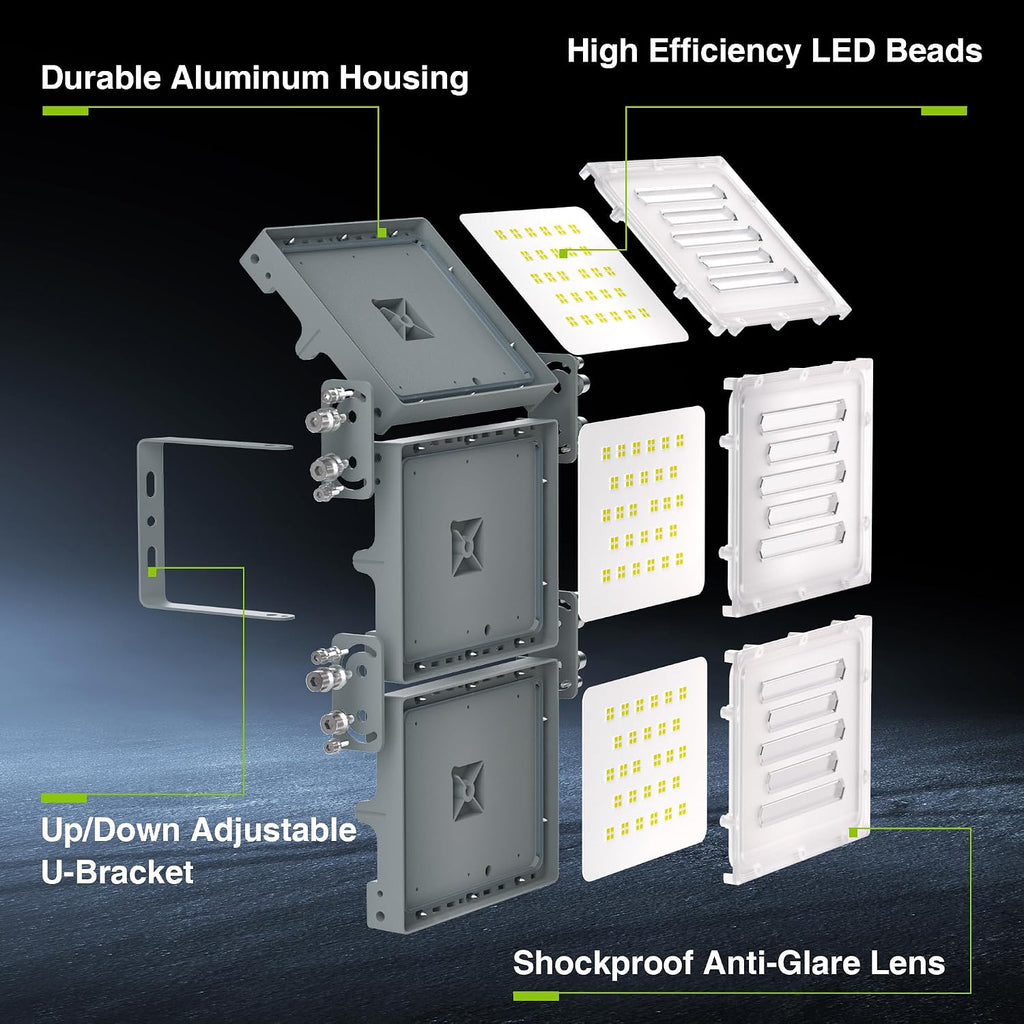 300W LED Flood Light, Mini Series Outdoor Floodlight, 30000LM 6000K Daylight White, IP66 Waterproof, 3 Adjustable