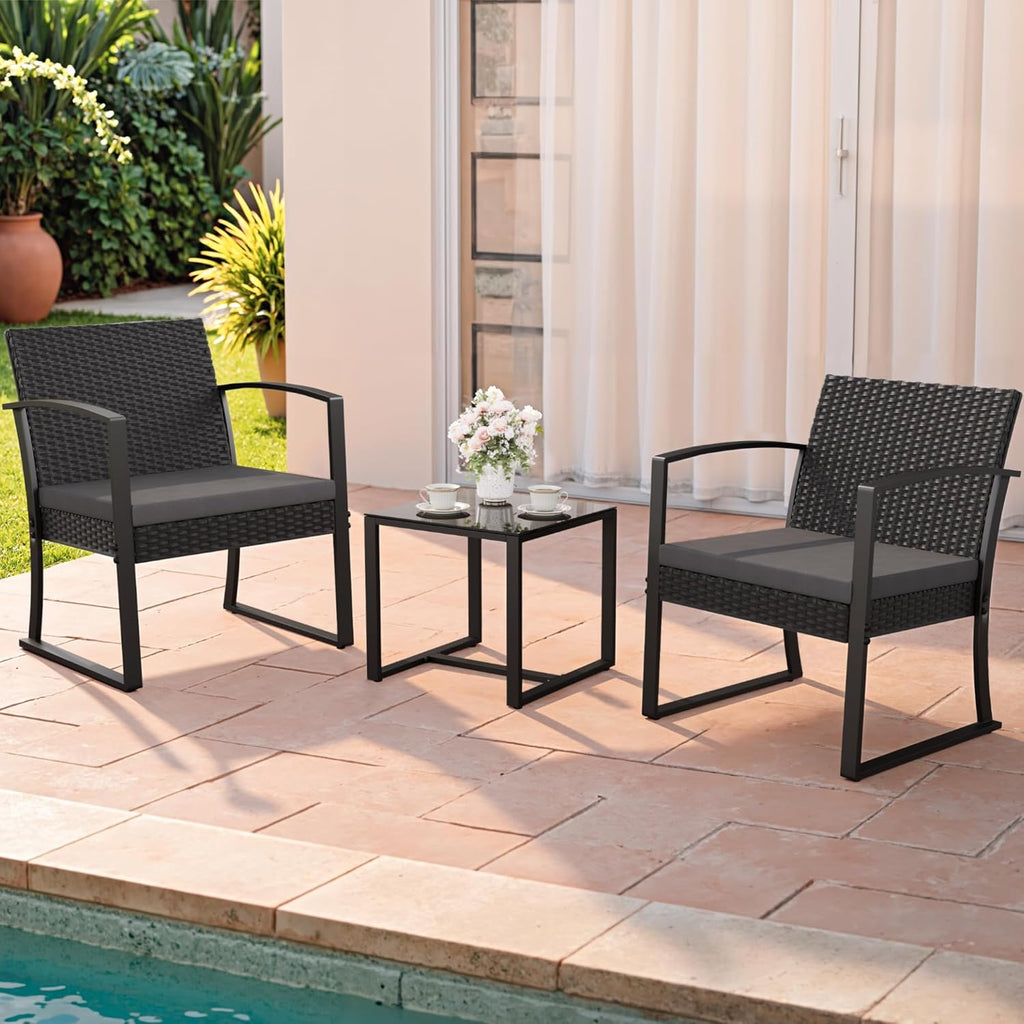 Resin 3 Pieces Patio Furniture Set, Outdoor Bistro Set with Cushions and Glass Table