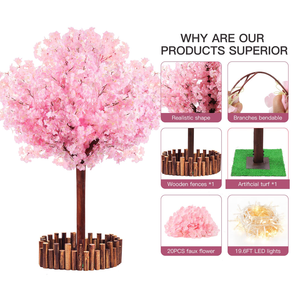 5 FT Pink Artificial Cherry Blossom Tree with LED Lights, 6 Trunks