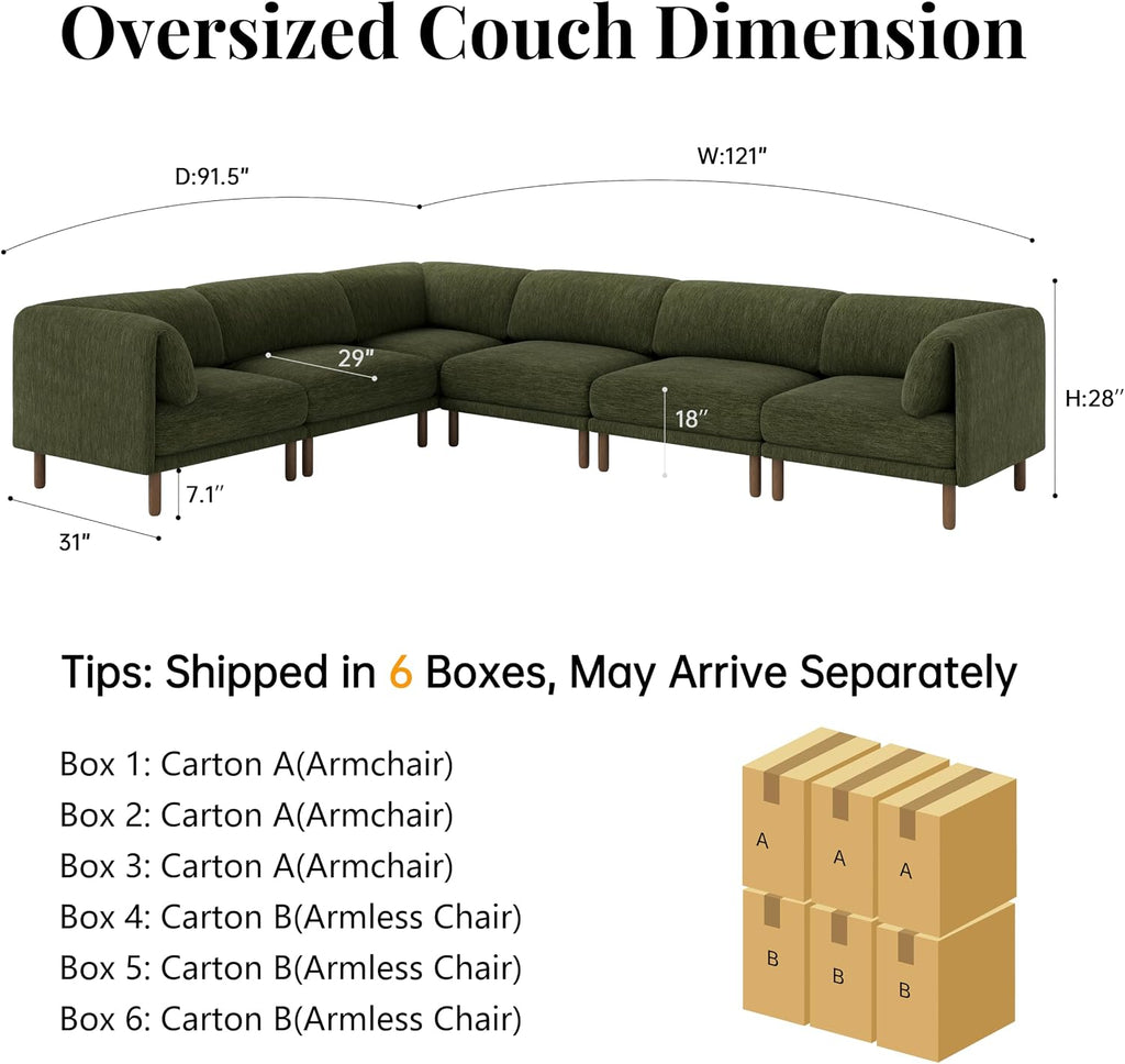 Modular Sectional Sofa,6 Seater L-Shaped Mid Century Modern Sectional Couch with Ottoman,Deep Seat Oversized