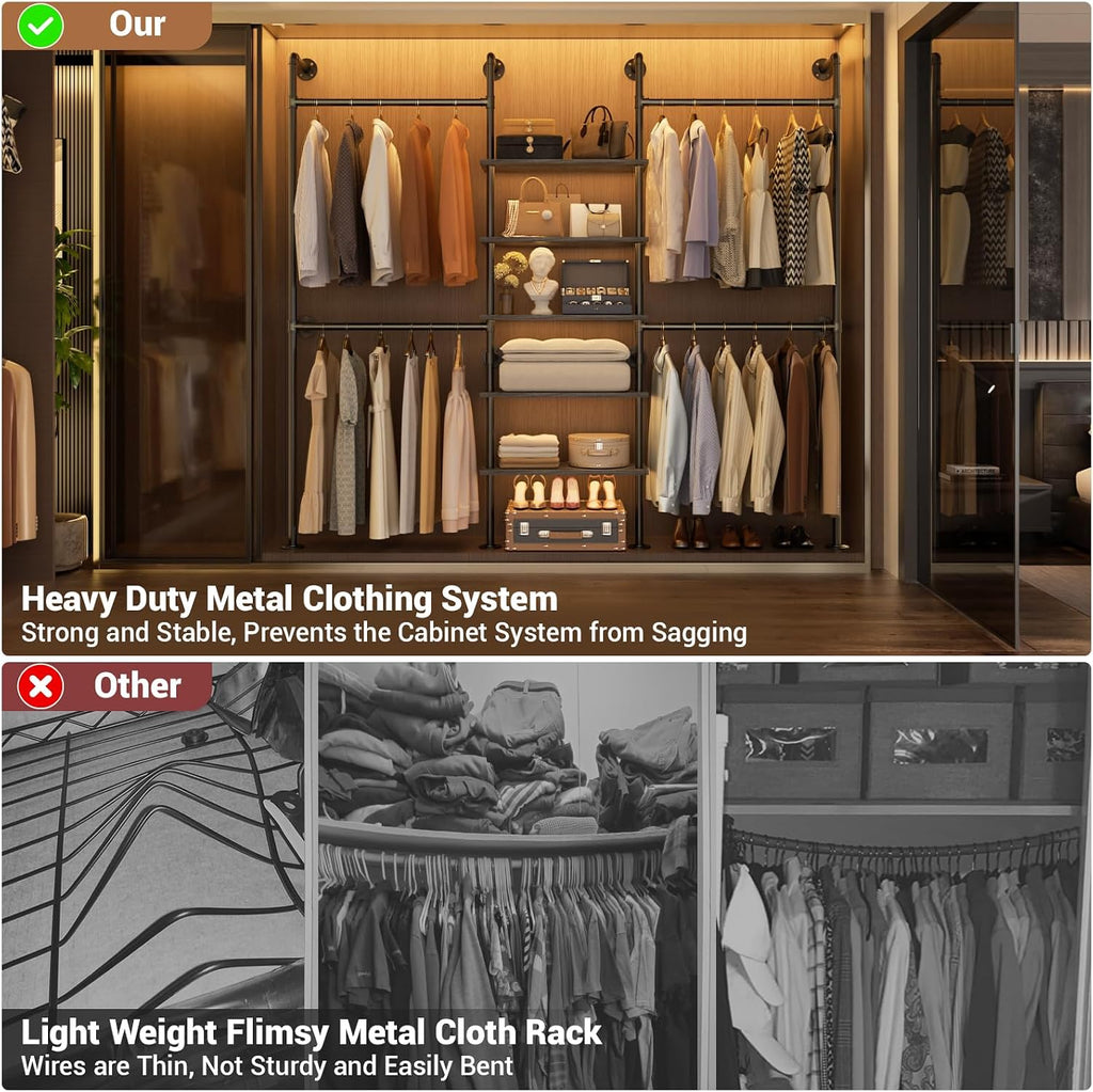 Industrial Pipe Clothing Rack, Reversible 6.42FT Clothes Rack for Hanging Clothes, Heavy Duty 5 Tier Wardrobe Closet