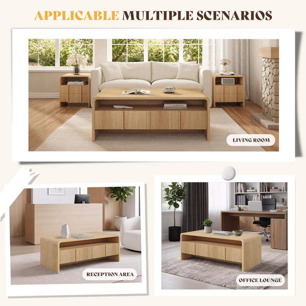 39.4" Fluted Coffee Table with 2 Drawers, Natural Oak