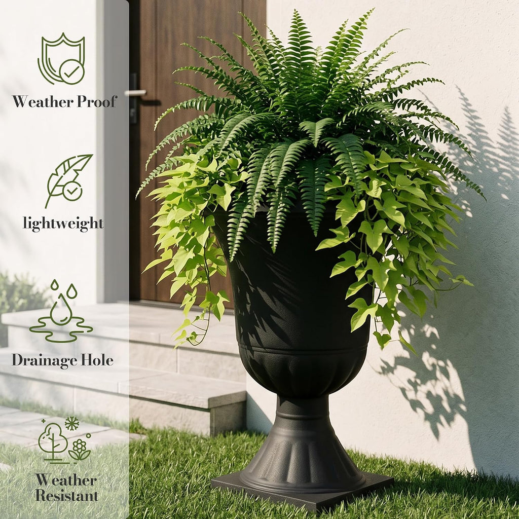 2-Pack Plastic Urn Planters for Outdoor Plants, 22'' Black Tall Round Classic Resin Traditional Flower Pots - 15 in.