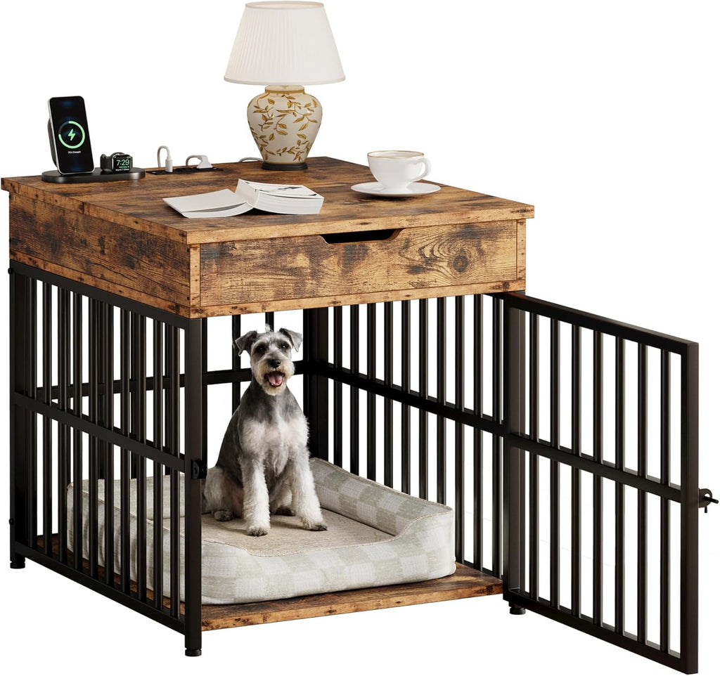 Dog Crate Furniture for Small Dogs, Wooden Dog Kennel with Flip Top Drawer