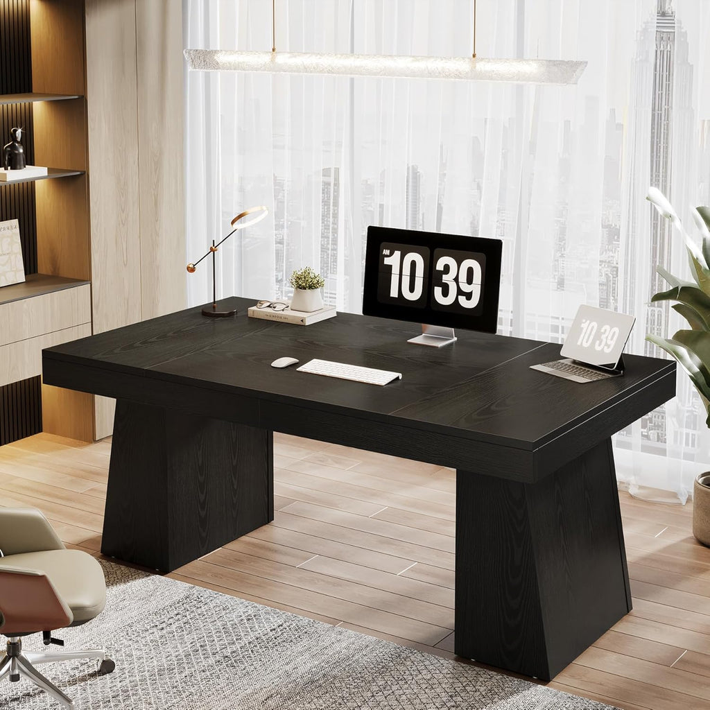 55-Inch Executive Desk, Thick Wood Office Computer Desk with Double Pedestal