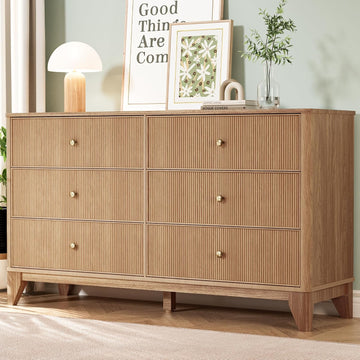 Fluted 6 Drawers Dresser, 54" Wide Modern Chest of Drawers with Round Corners, Wooden Dresser TV Stand, Wood Drawer