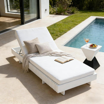 Acacia Wood Chaise Lounge Chair Outdoor with Cushion, Solid Wood Patio Chaise Lounge, Poolside Sun Lounger