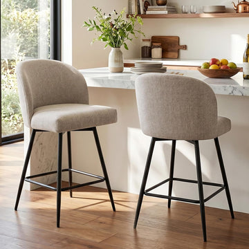 Counter Height Bar Stools Set of 2, 360° Swivel Upholstered Barstools with Backs and Metal Legs, 26" H Seat Height