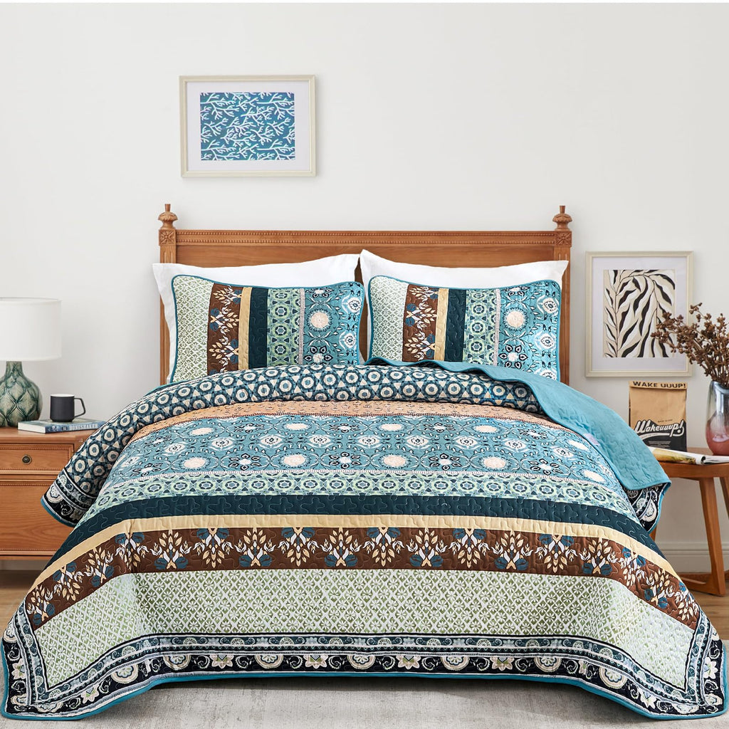 Blue Boho Quilt Set, Fall Patchwork Bedspreads