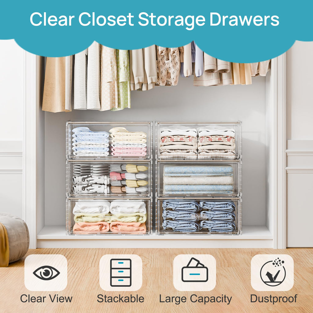 2 Pack Large Clear Stackable Storage Drawers for Closet, 23QT