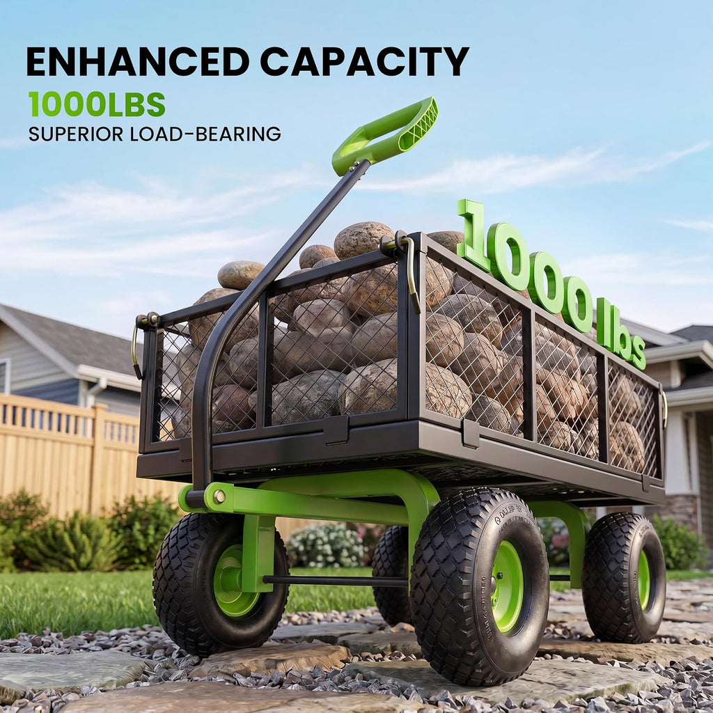 Steel Garden Cart 1000 Lbs Capacity with 10" All Terrain Tires | Heavy Duty Utility Wagon Cart on Wheels, Removable