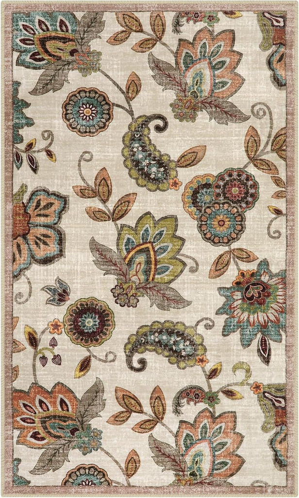 Washable Floral 3x5 Area Rug, Paisley Rug for Entryway Non Slip, Soft Vintage Accent Dorm Rug Indoor
