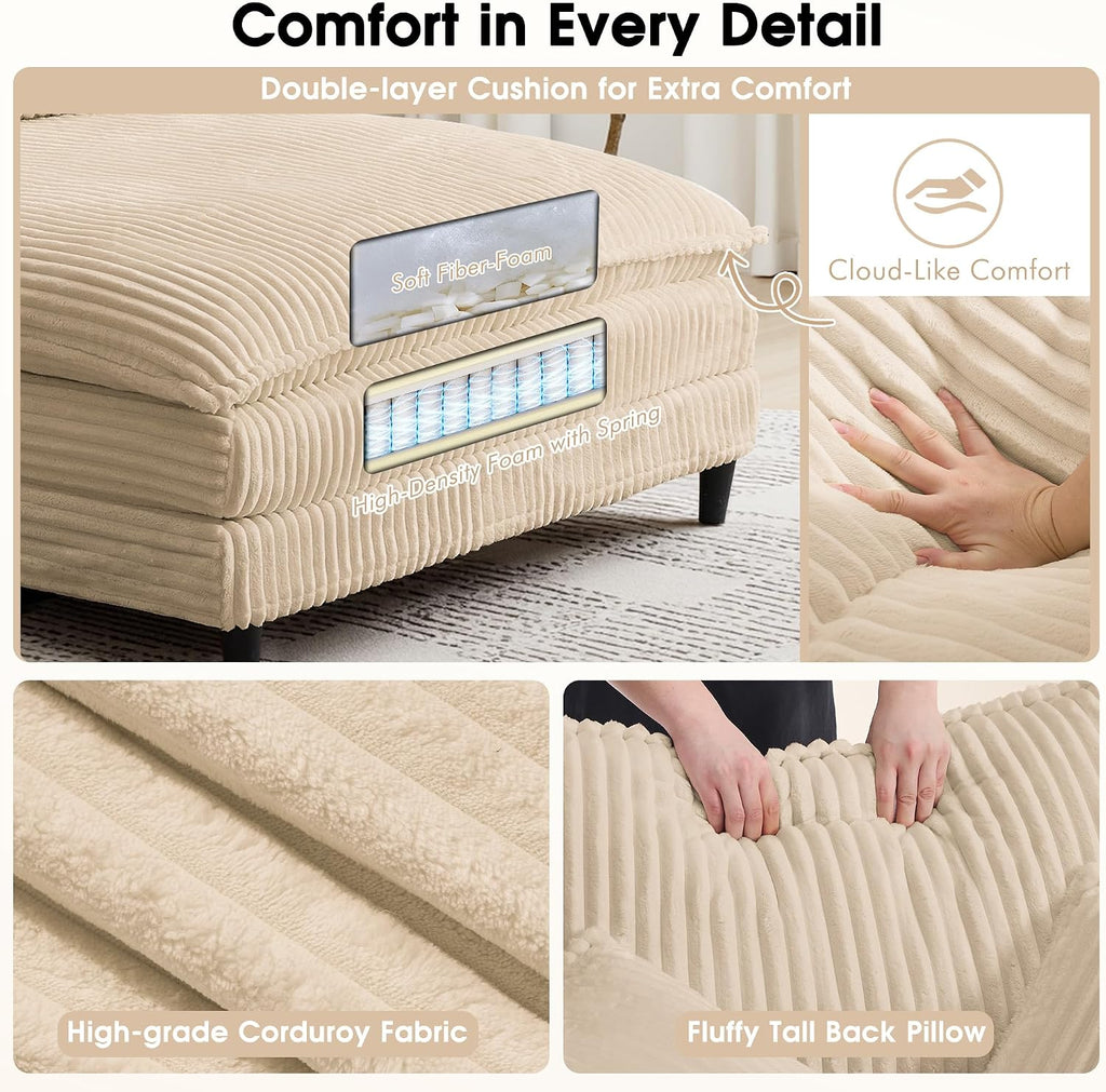 54.8" W Oversized Chaise Lounge Chair Indoor with 5-Position Adjustable Backrest, Corduroy Sleeper Sofa Bed with 3