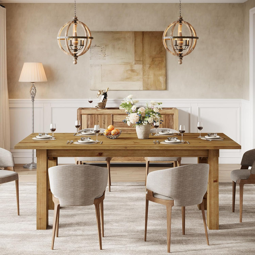 Solid Wood Dining Table for 4-6 People, 63-Inch Farmhouse Kitchen Table with Rich Grain and Texture, Wooden