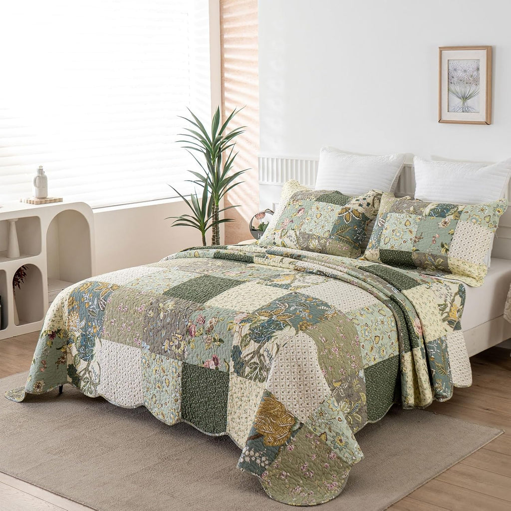 Oversized Bedspreads Patchwork Quilt Set | 100% Cotton Reversible Breathable Floral Quilted