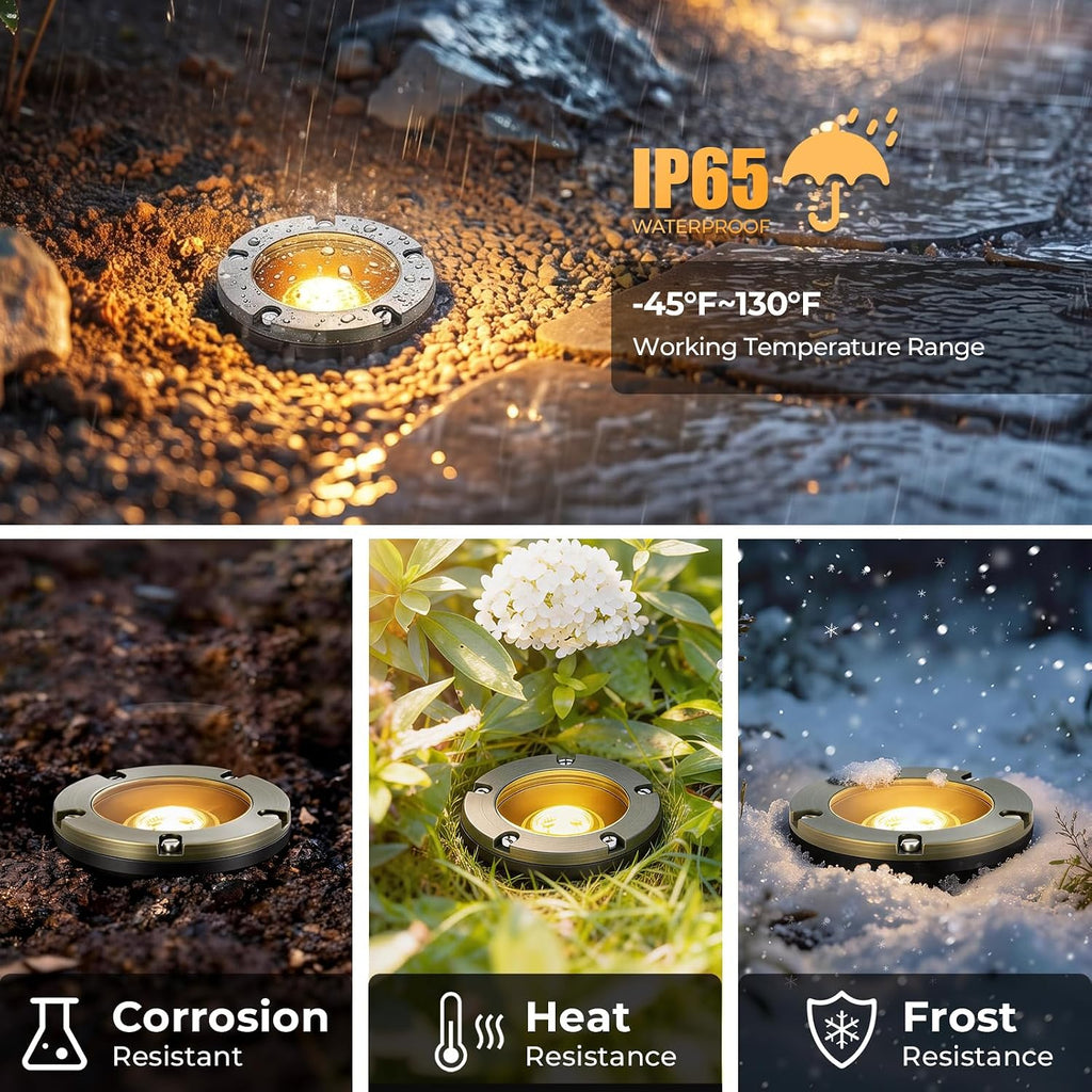 Brass Low Voltage Landscape Well Lights (5" Cover, 5.5" Tall), 12V LED Wired In-Ground Outdoor Up Lighting Fixture