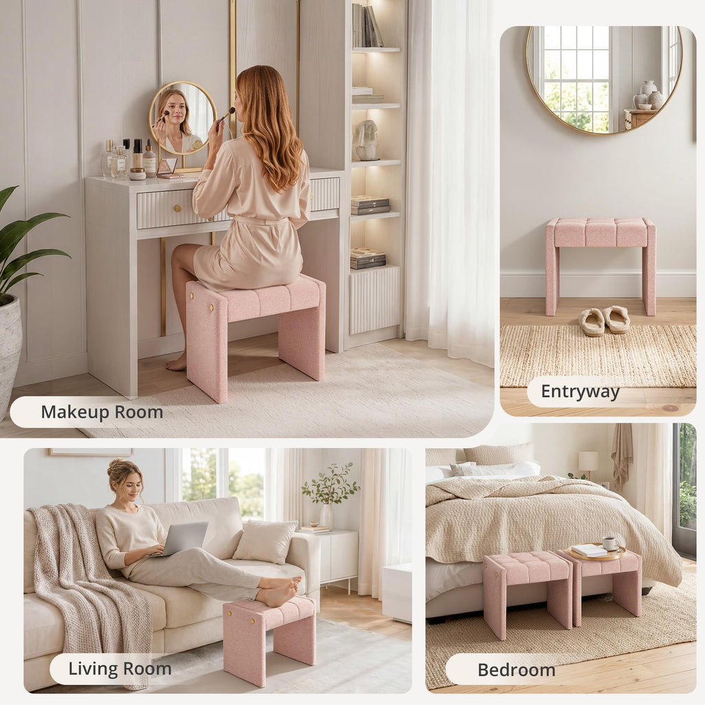 Modern Grid Tufted Vanity Bench Stool, 4.33'' Thick Chenille Upholstered Ottoman Footstool for Makeup Room, Bedroom &