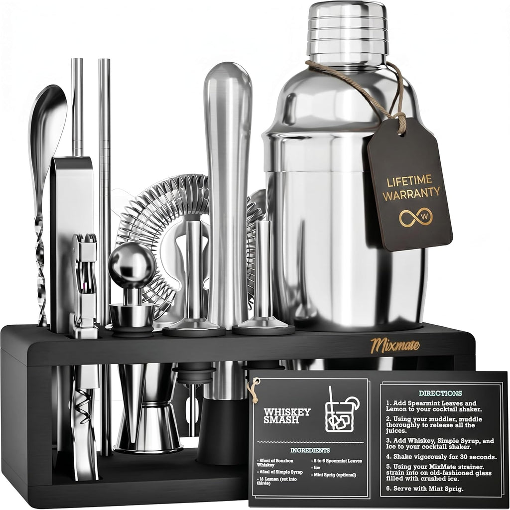 Mixology Bartender Kit with Stand - 15 Piece Bar Tool Set, Silver Bar Set Cocktail Shaker Set for Drink Mixing