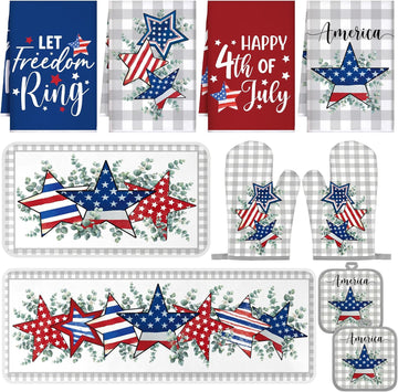 10 Pcs Patriotic Kitchen Decor and Accessories Set Star Pattern 4th of July Kitchen Towels Pot Holders Oven Mitts